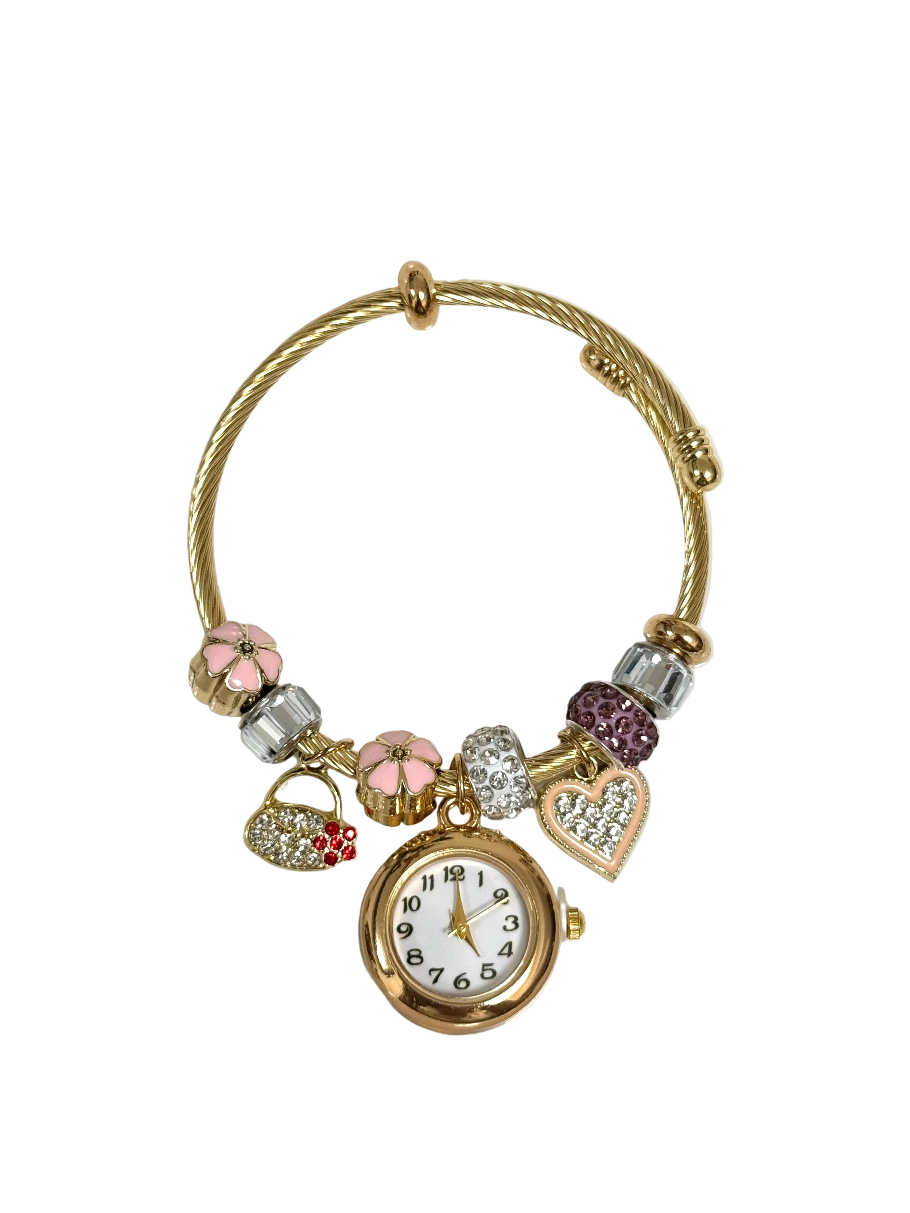 Gold Floral Charm Bracelet Watch